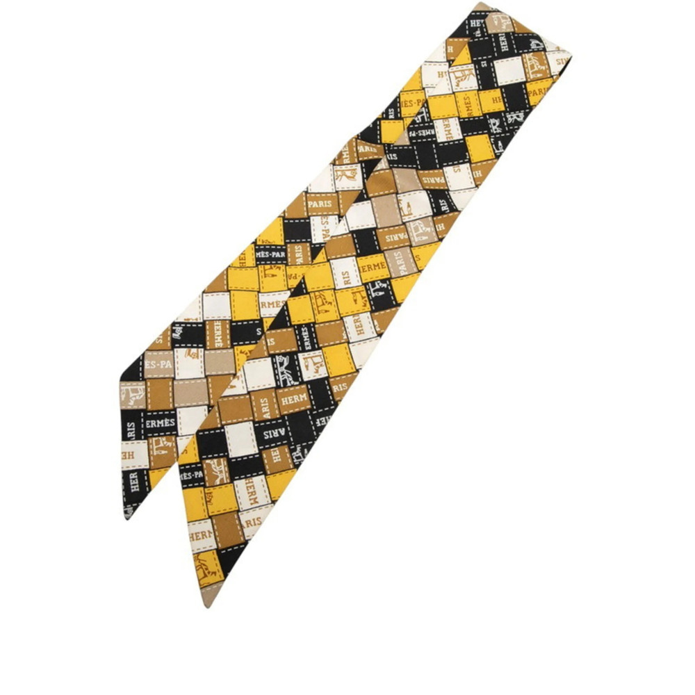 Hermes Twilly Bolduc Scarf/Muffler, Yellow, Black, Beige, Silk, Women's.